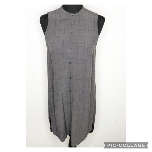 Eileen Fisher charcoal gray black plaid sleeveless button down dress Extra Small - Picture 1 of 15